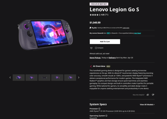 联想Legion Go S掌机基础款暴涨近三千元，高配版反而更划算