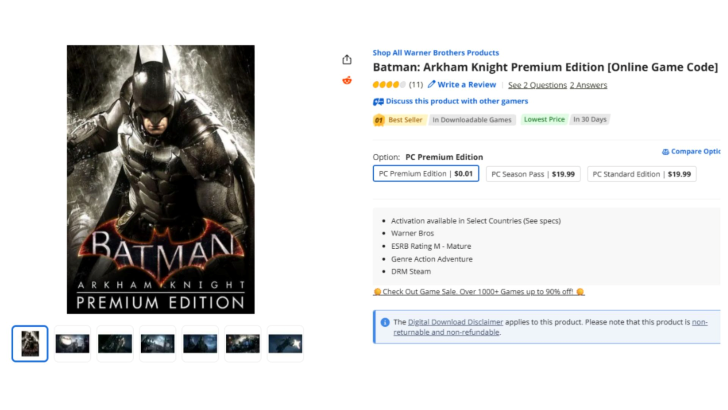 新蛋网惊现一分钱《蝙蝠侠：阿卡姆骑士》，玩家疯抢秒空